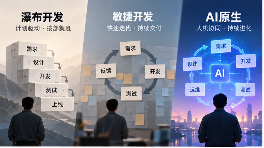 从瀑布开发、敏捷开发到AI原生软件工程的三阶段对比