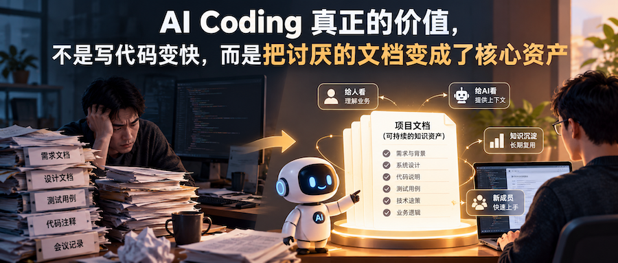 AI Coding 文档管理示意图：从堆积的需求和设计文档，到 AI 整理的可复用项目知识资产