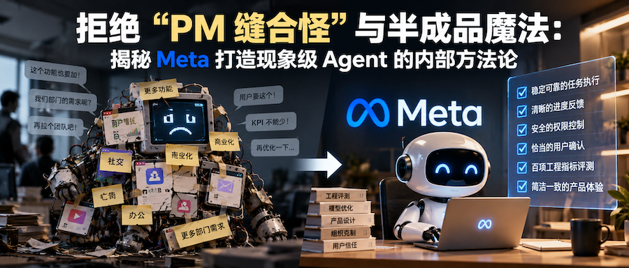 Meta Muse AI Agent 产品方法论示意图，对比 PM 缝合式产品与稳定可靠的工程化 Agent